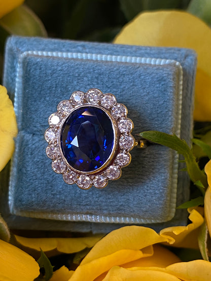 5.35 Carat Blue Ceylon Sapphire and Diamond Halo Ring in 18ct Gold