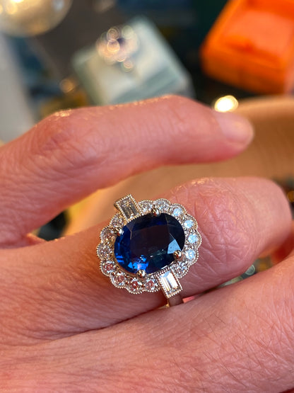 2.79 Carat Blue Ceylon Sapphire and 0.56ctw Natural Diamond Halo Ring in Platinum