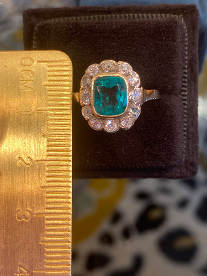 Antique Colombian Emerald and Old Cut Diamond Halo Ring in 18ct Yellow Gold