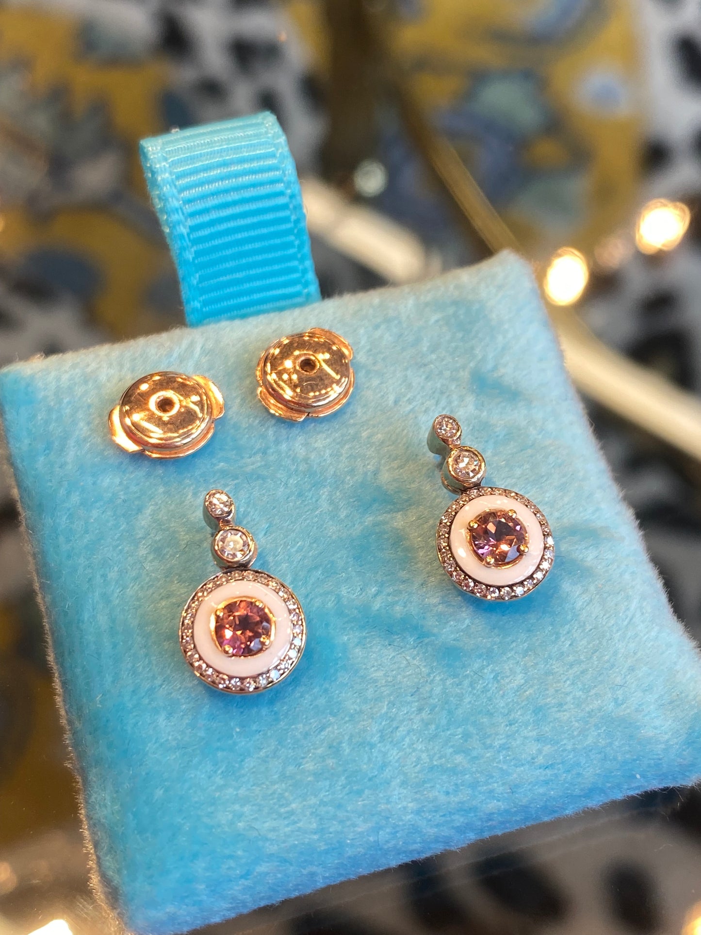 Pink Tourmaline, Diamond and Enamel Drop Earrings in 18ct Yellow Gold