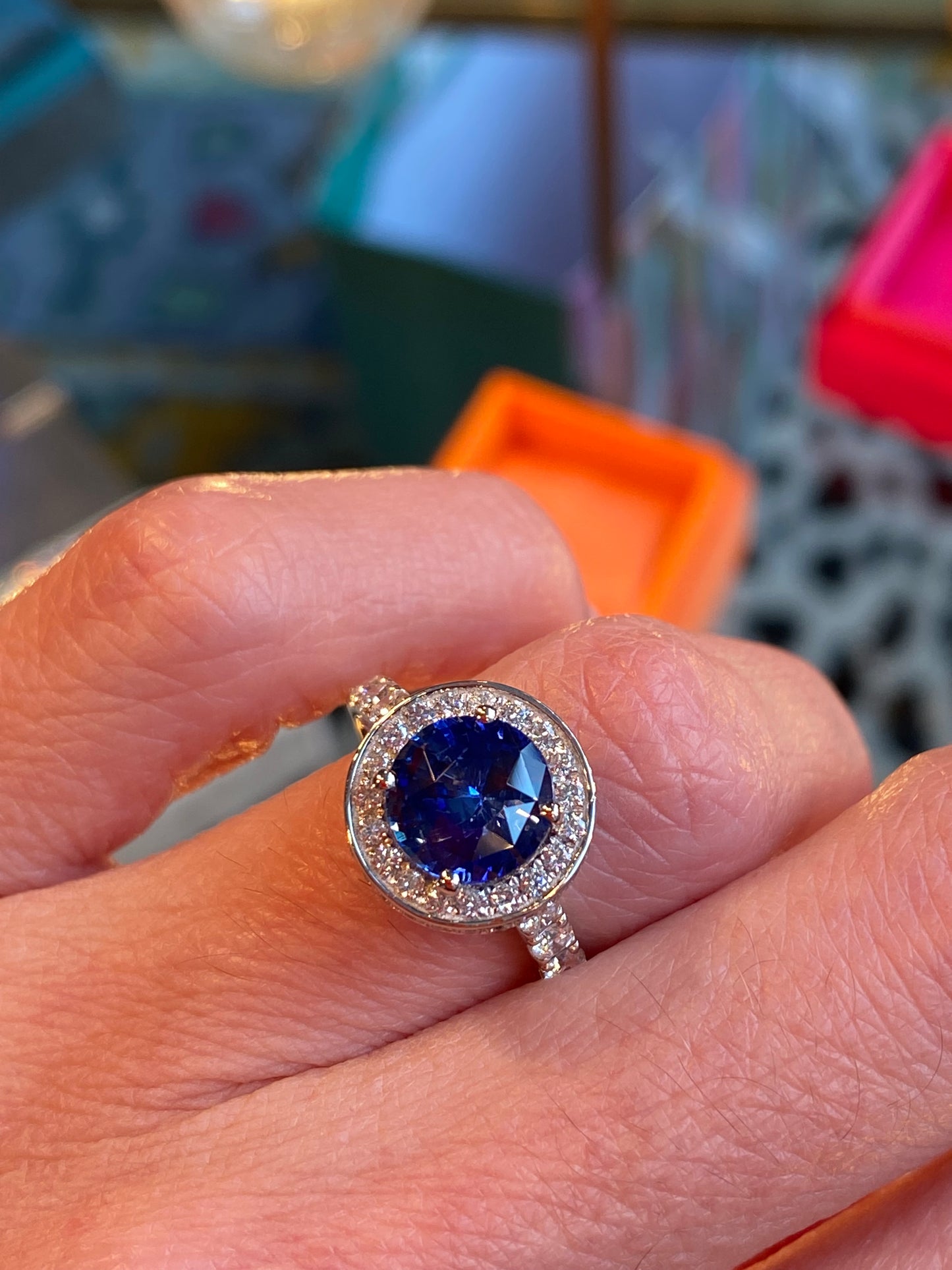 3.65 CTW Blue Ceylon Sapphire and Natural Diamond Double Halo Ring in Platinum