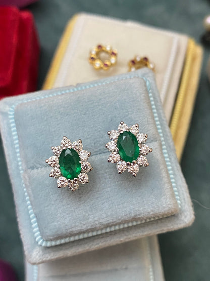 1.60 CTW Emerald and Diamond Halo Stud Earrings in 18ct Yellow Gold