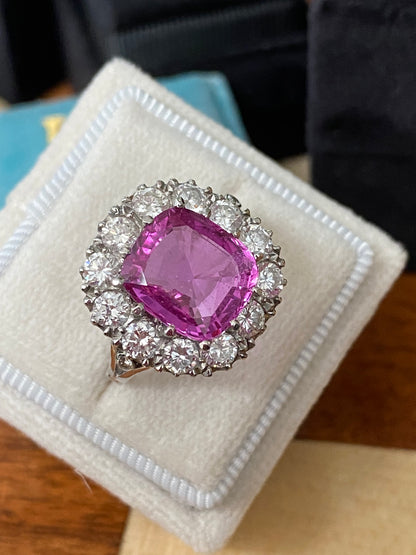 5.51 Carat Cushion Cut Pink Sapphire and 2.10ctw Diamond Halo Ring in Platinum