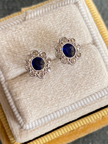 Antique Sapphire and Old Cut Diamond Halo Earrings in 18ct White Gold