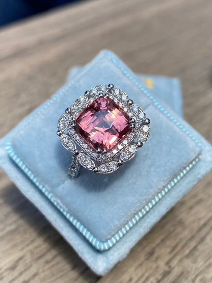 4.39 Carat Cushion Cut Pink Tourmaline and Natural Diamond Ring in Platinum