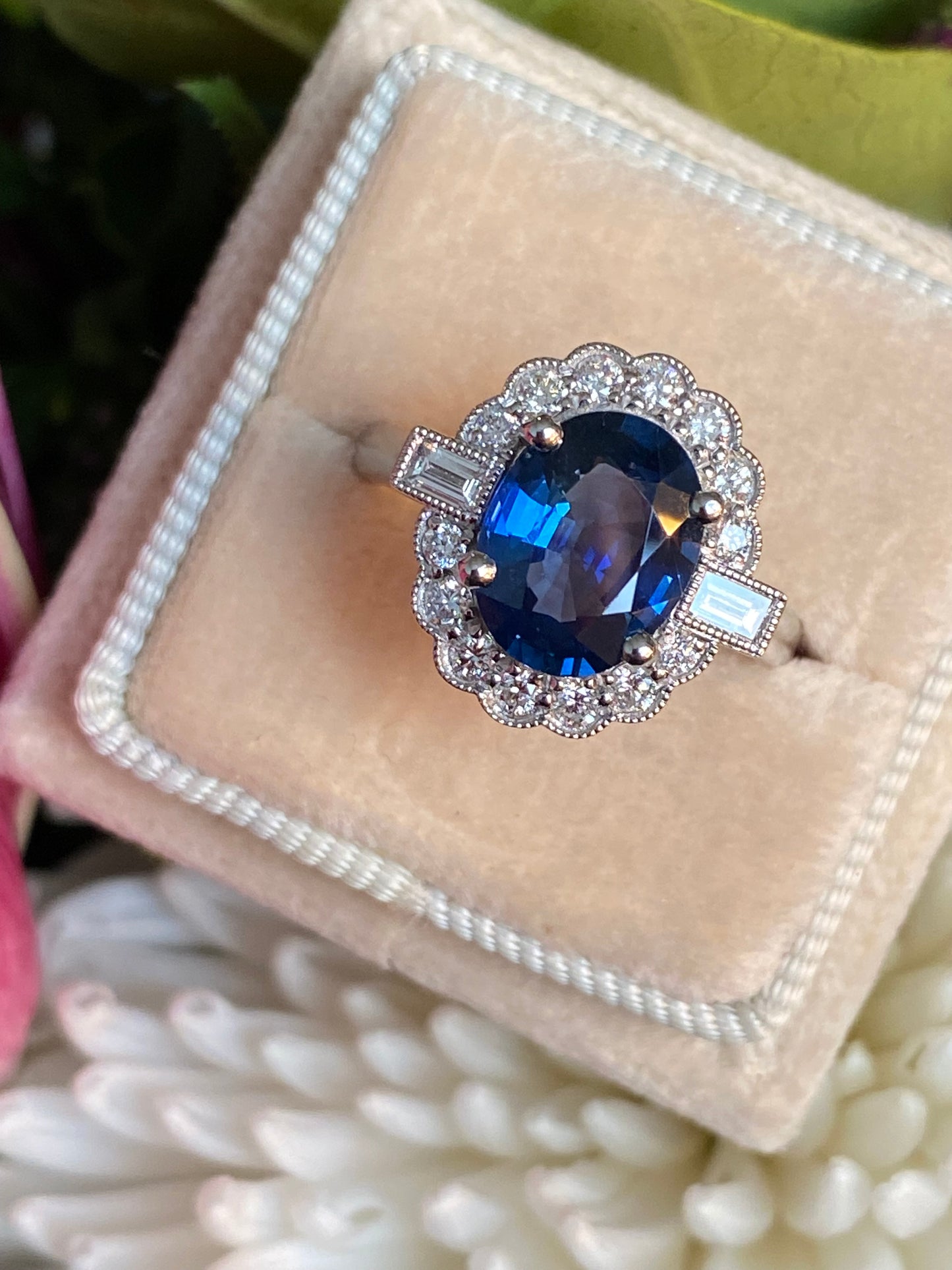 2.79 Carat Blue Ceylon Sapphire and 0.56ctw Natural Diamond Halo Ring in Platinum