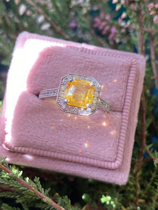 2.06 Carat Yellow Sapphire and Natural Diamond Halo Ring in Platinum