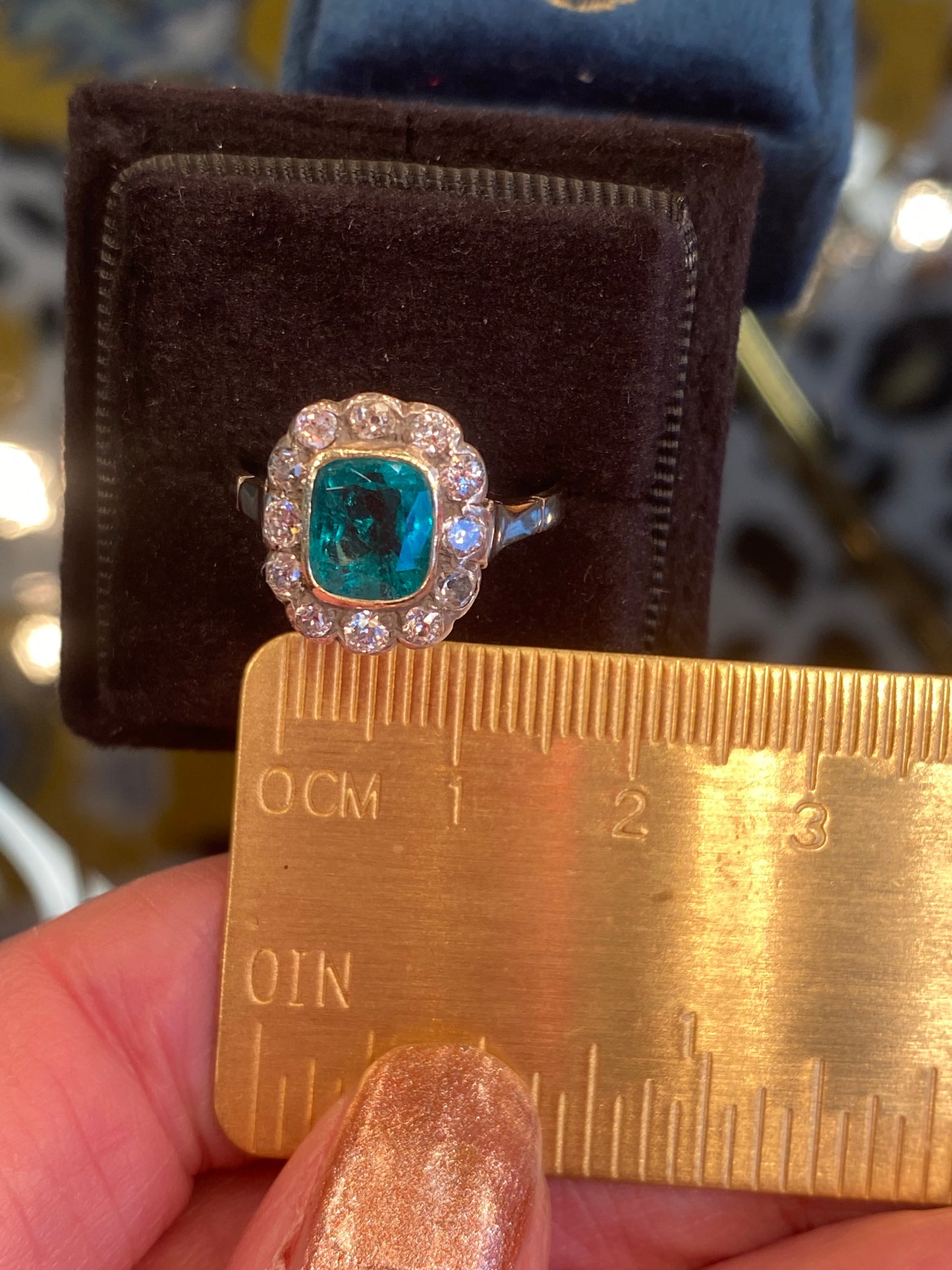 Antique Colombian Emerald and Old Cut Diamond Halo Ring in 18ct Yellow Gold