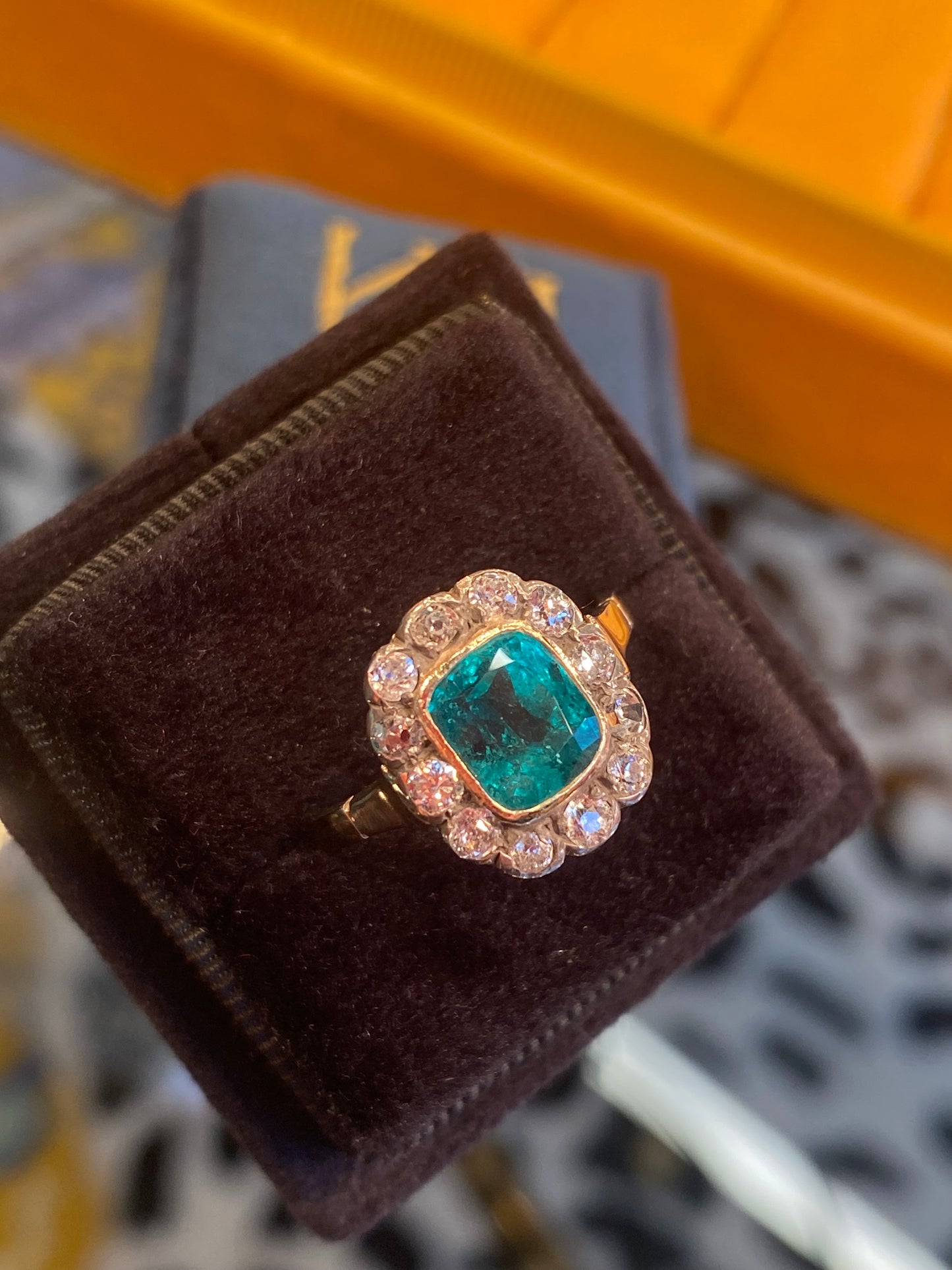 Antique Colombian Emerald and Old Cut Diamond Halo Ring in 18ct Yellow Gold