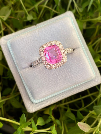 2.04 CTW Cushion Cut Pink Sapphire and Natural Diamond Halo Ring in Platinum