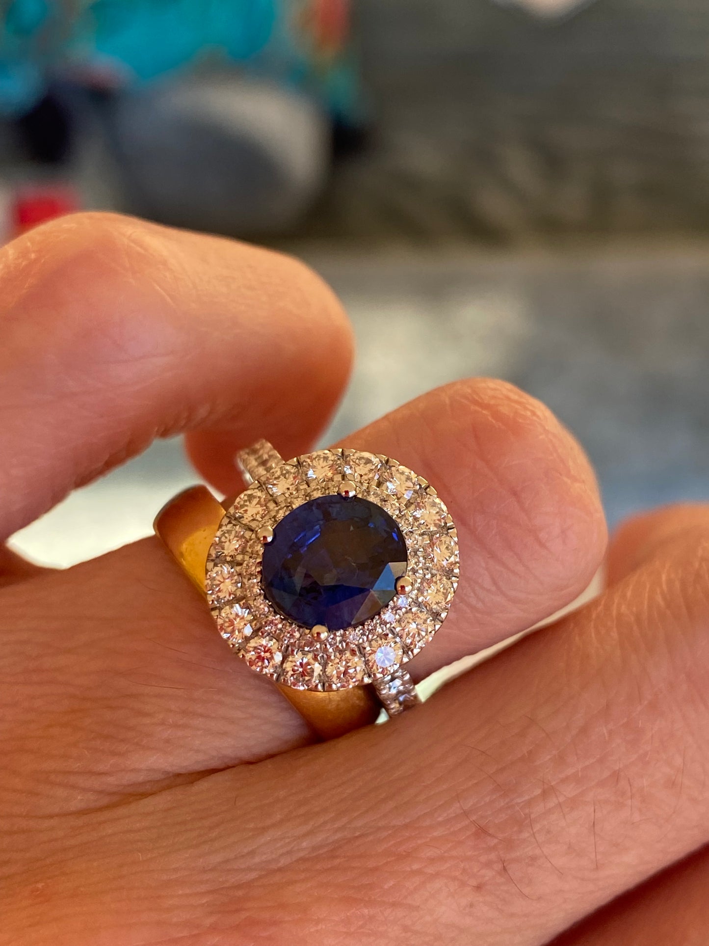 3.33 CTW Blue Ceylon Sapphire and Natural Diamond Halo Ring in Platinum