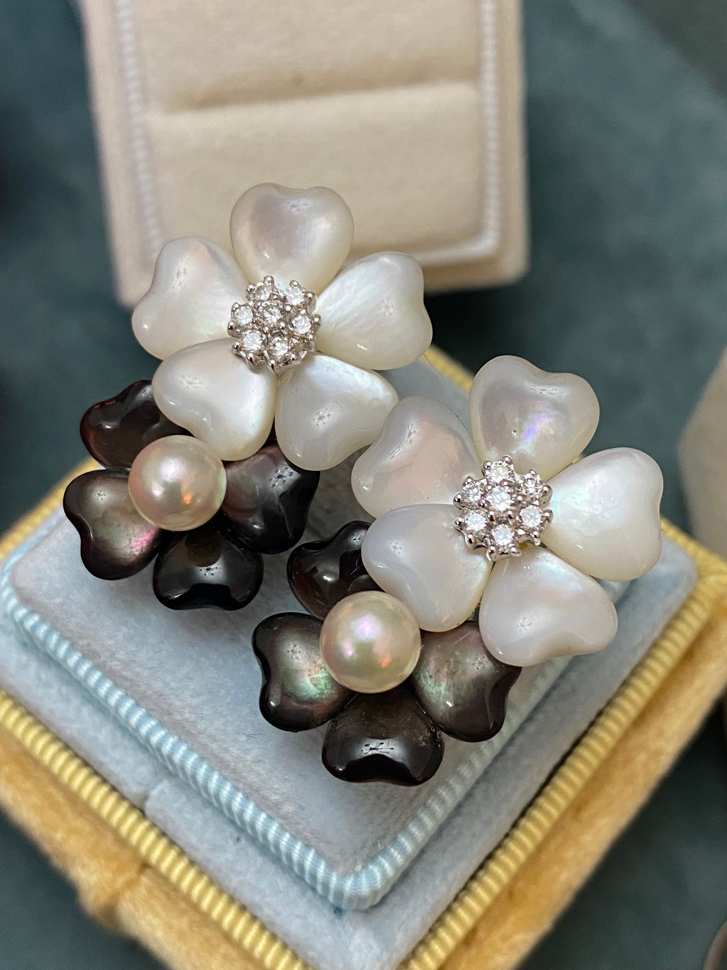 Statement Pearl, Diamond, and Mother of Pearl Flower Earrings in 18ct White Gold