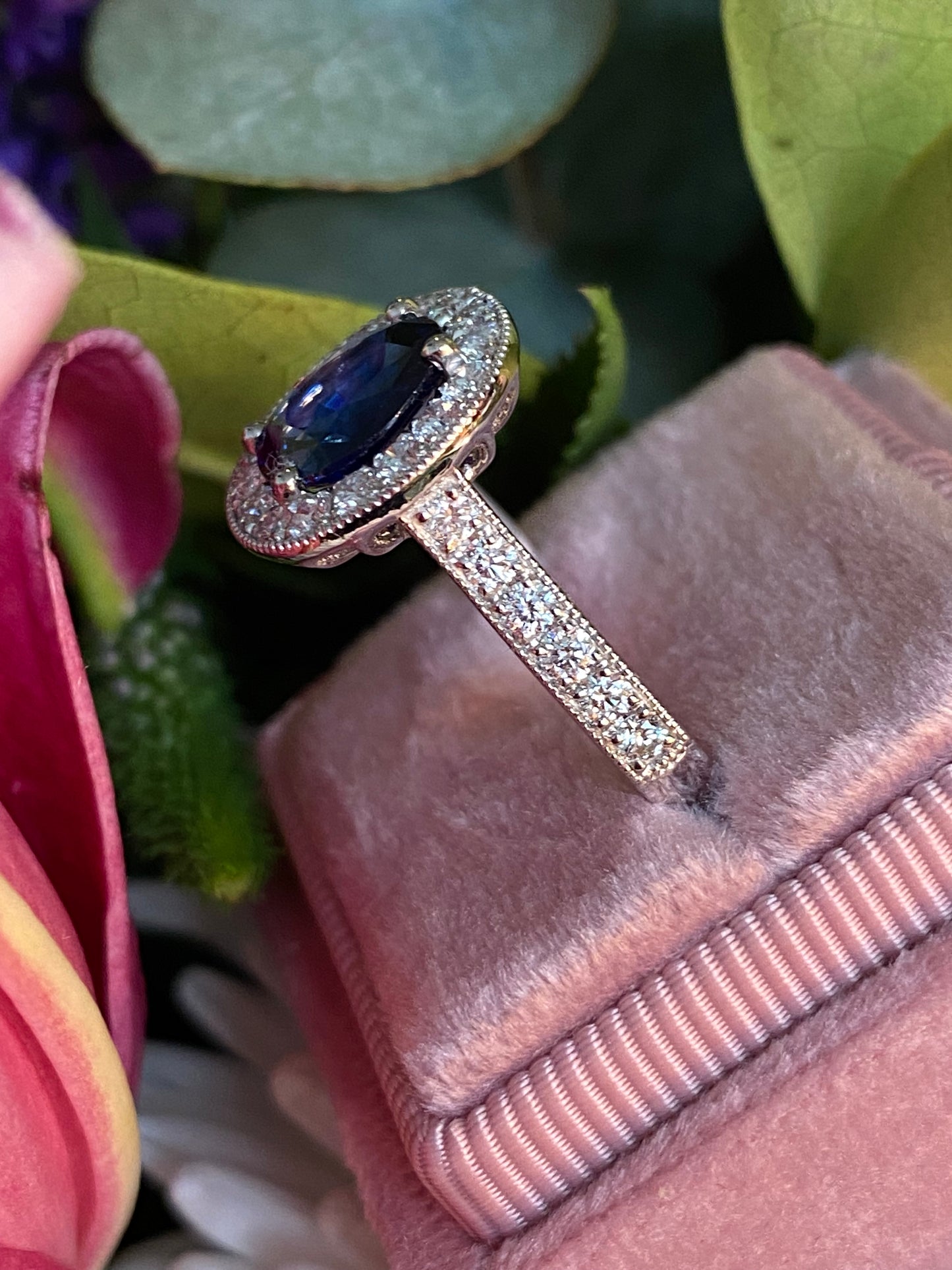 2.10 Carat Blue Ceylon Sapphire and 0.77ctw Natural Diamond Halo Ring in Platinum