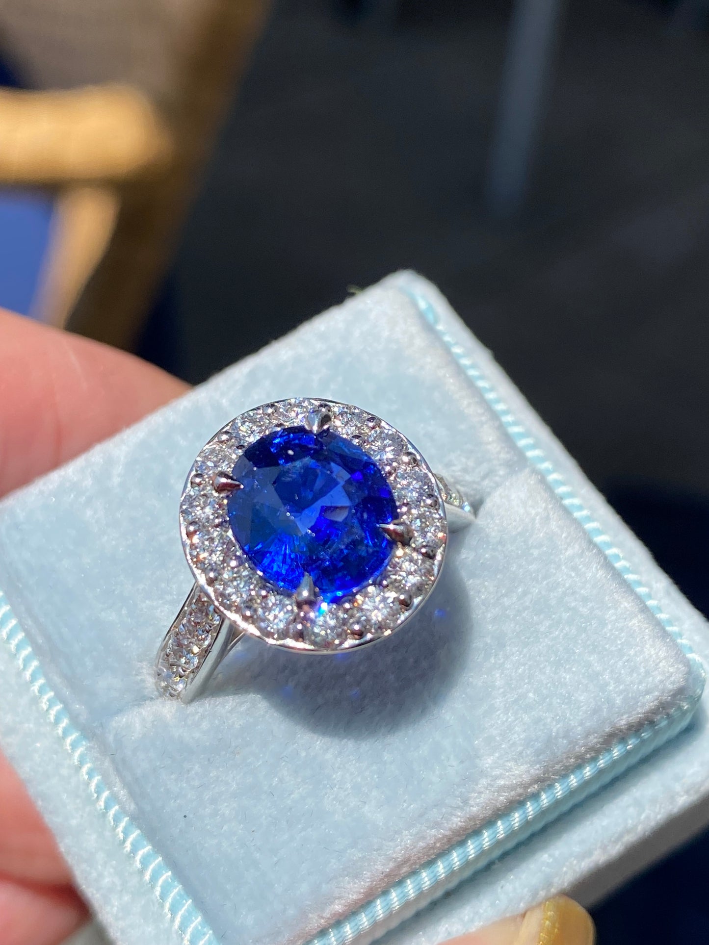 3.01 Carat Blue Ceylon Sapphire and Natural Diamond Halo Ring in Platinum