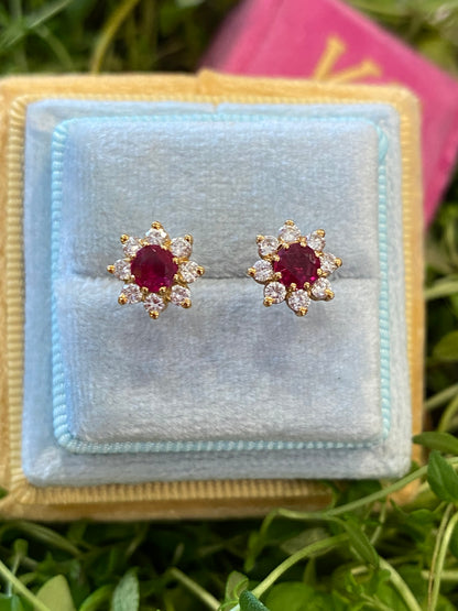 Ruby and Diamond Halo Earrings in 18ct Yellow Gold