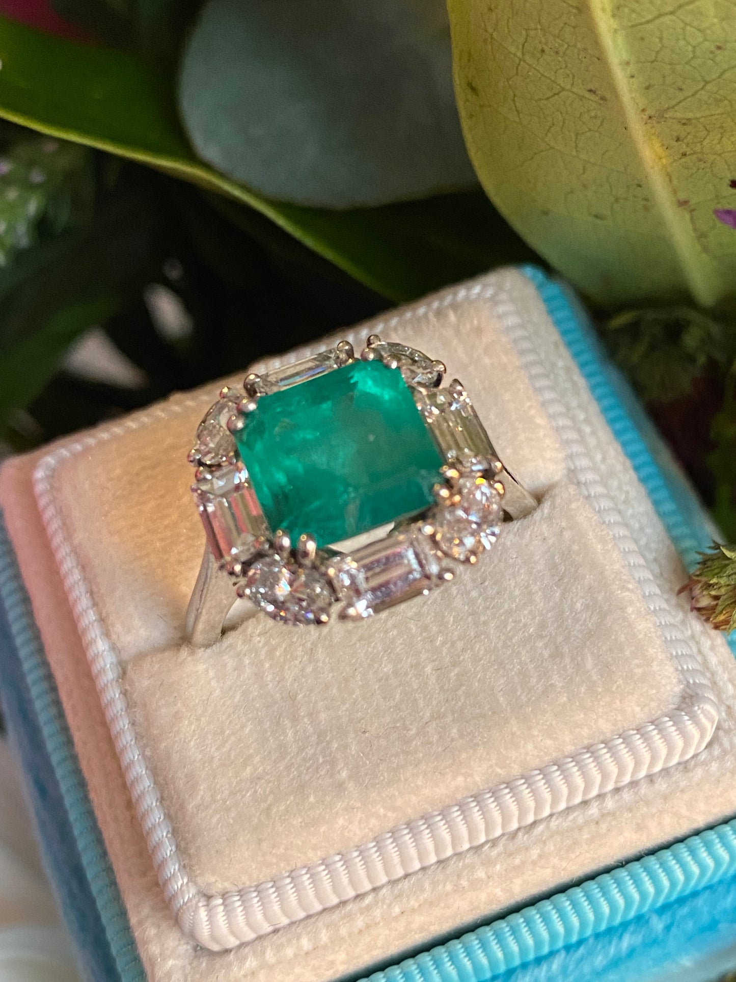 5.66 CTW Vintage Sqaure Emerald Cut Colombian Emerald and Natural Diamond Halo Ring in Platinum