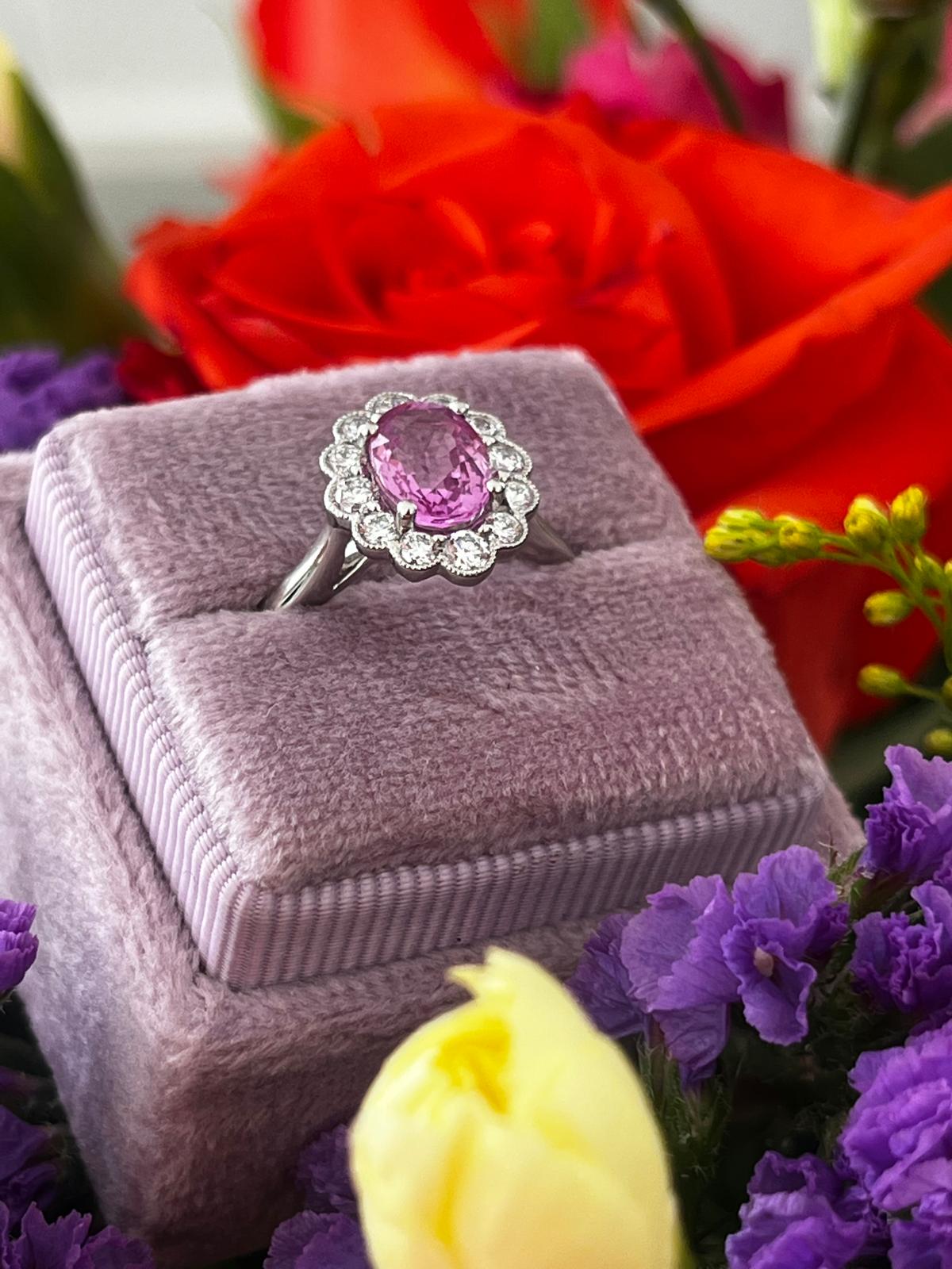 1.94 CTW Oval Cut Pink Sapphire and Natural Diamond Halo Engagement Ring in Platinum