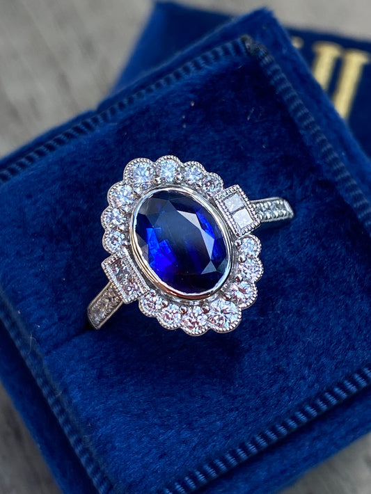 1.95 Carat Blue Ceylon Sapphire and Natural Diamond Halo Ring in Platinum