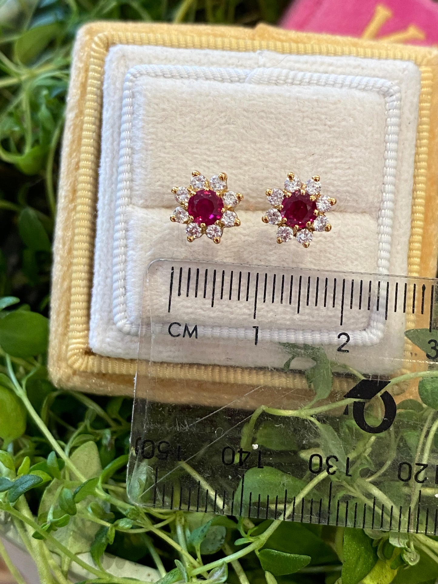 Ruby and Diamond Halo Earrings in 18ct Yellow Gold