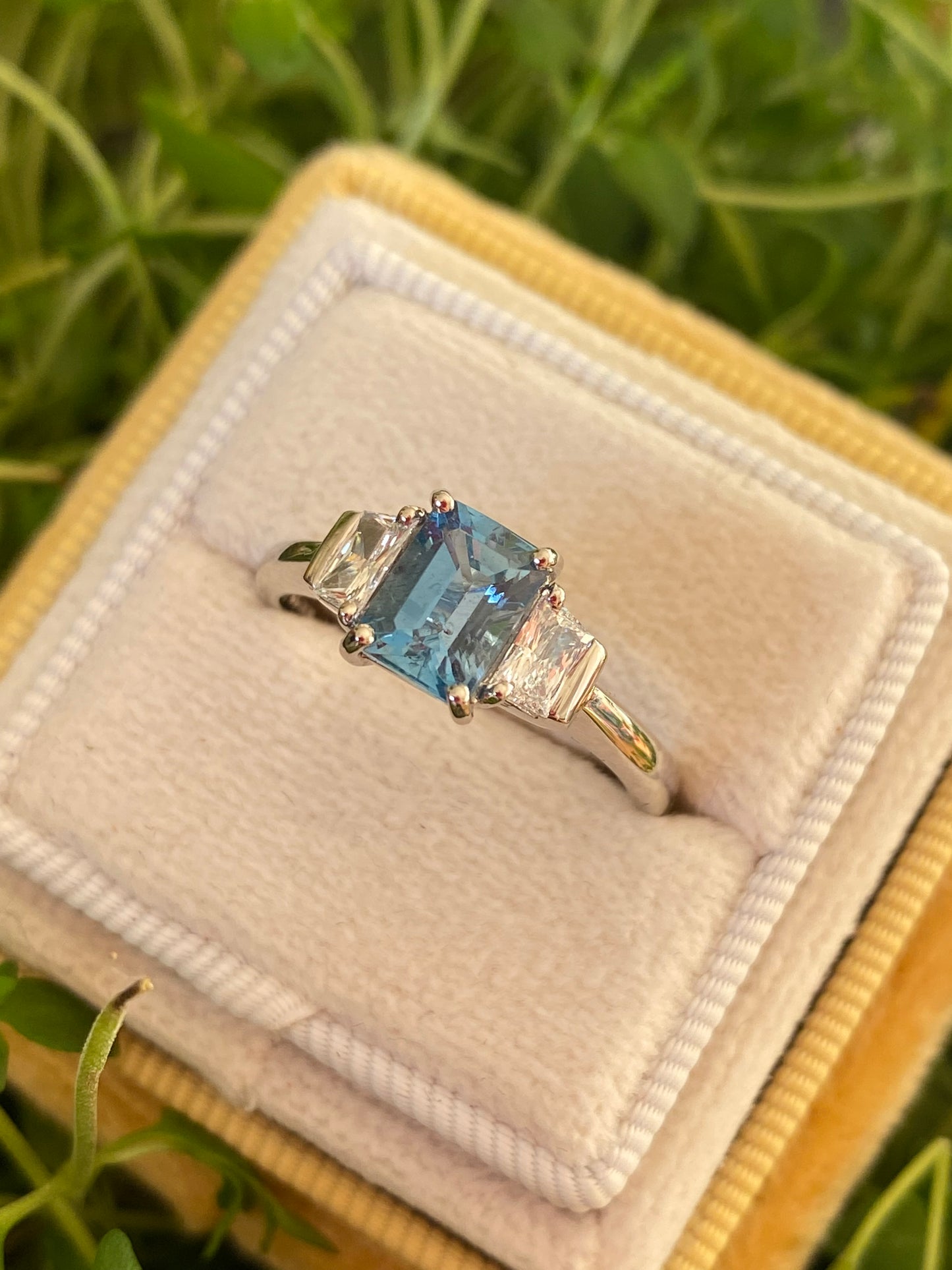 1.02 Carat Aquamarine and Natural Diamond Three-Stone Ring in Platinum