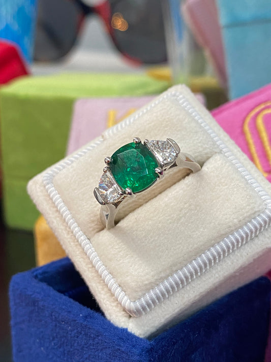 2.77 CTW Colombian Emerald and Natural Diamond Three Stone Engagement Ring Platinum