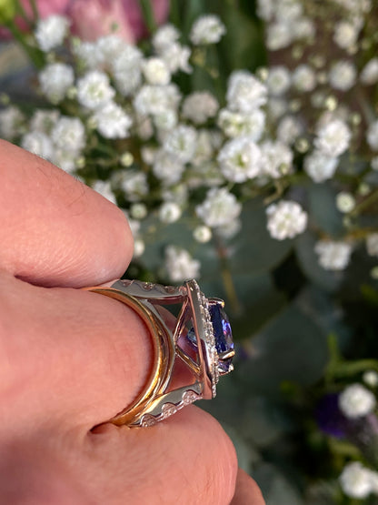 5.42 Carat Cushion Cut Tanzanite and 1.68 ctw Natural Diamond Cocktail Ring in Platinum