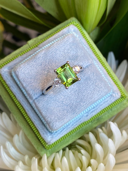 2.06 CTW Carat Peridot and Diamond Three Stone Engagement Ring in Platinum