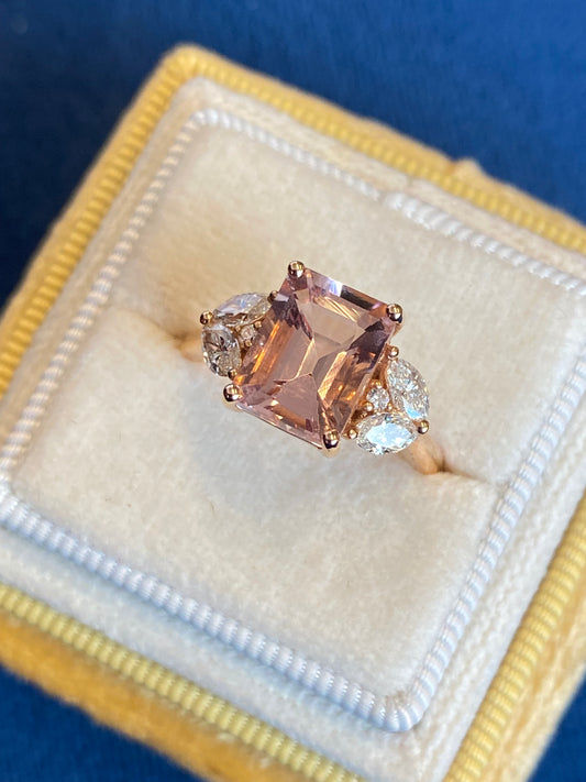 3.25 CTW Emerald Cut Morganite and Diamond Three Stone Engagement Ring in 18ct Rose Gold