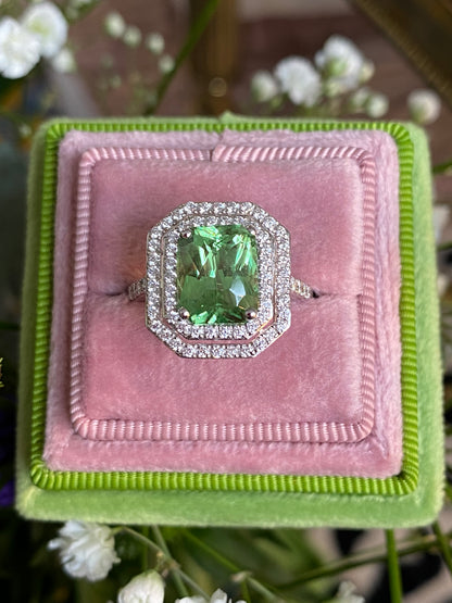 4.57ctw Tsavorite Garnet and Diamond Halo Engagement Ring in Platinum