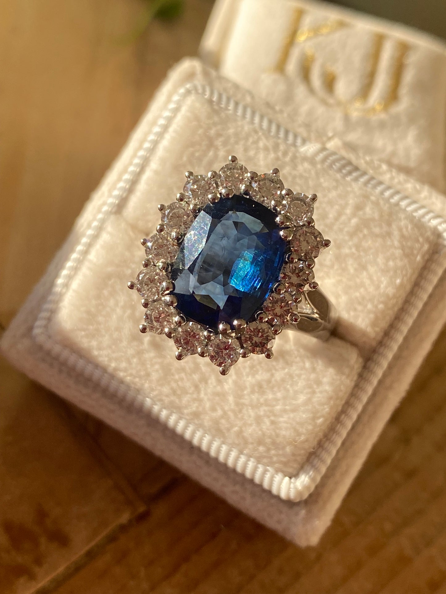 4.05 Carat Blue Ceylon Sapphire and 1.38 CTW Natural Diamond Halo Ring in Platinum