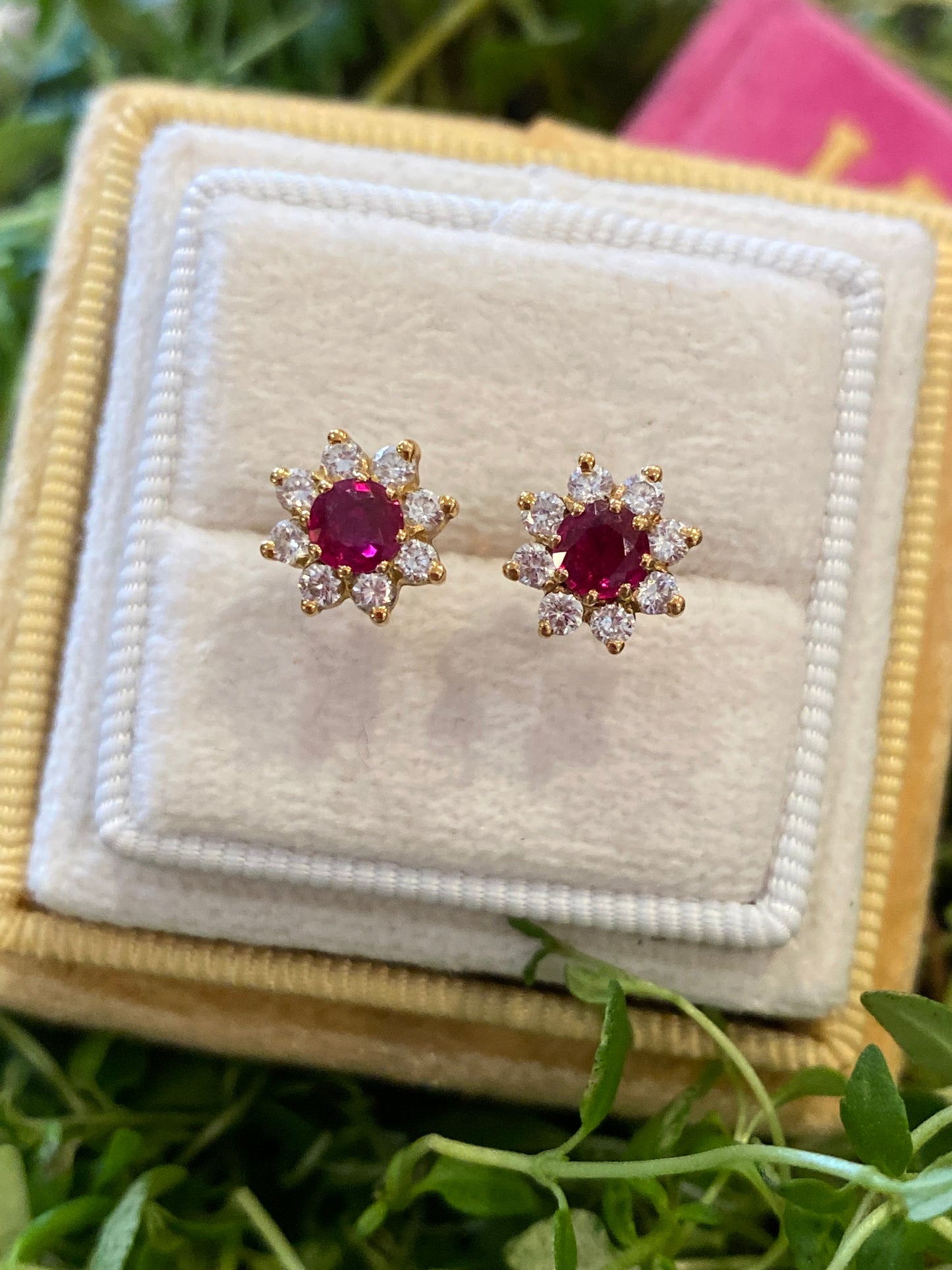 Ruby and Diamond Halo Earrings in 18ct Yellow Gold