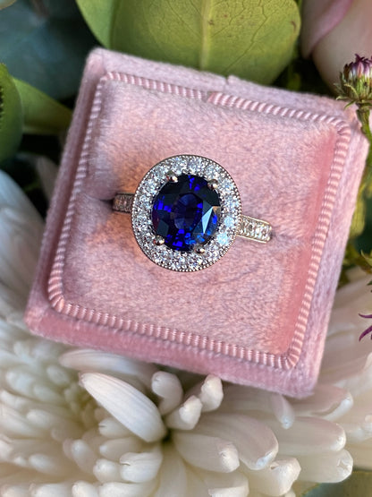 2.10 Carat Blue Ceylon Sapphire and 0.77ctw Natural Diamond Halo Ring in Platinum