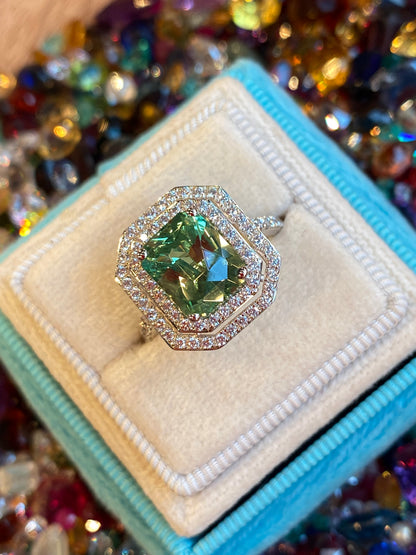 4.57ctw Tsavorite Garnet and Diamond Halo Engagement Ring in Platinum