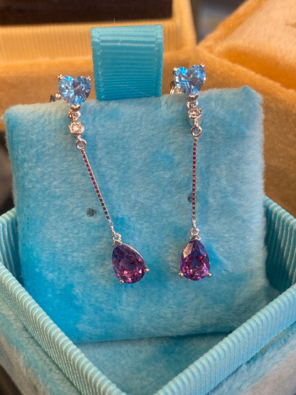 Pear Cut Amethyst, Heart Cut Topaz, and Diamond Drop Earrings in 18ct White Gold