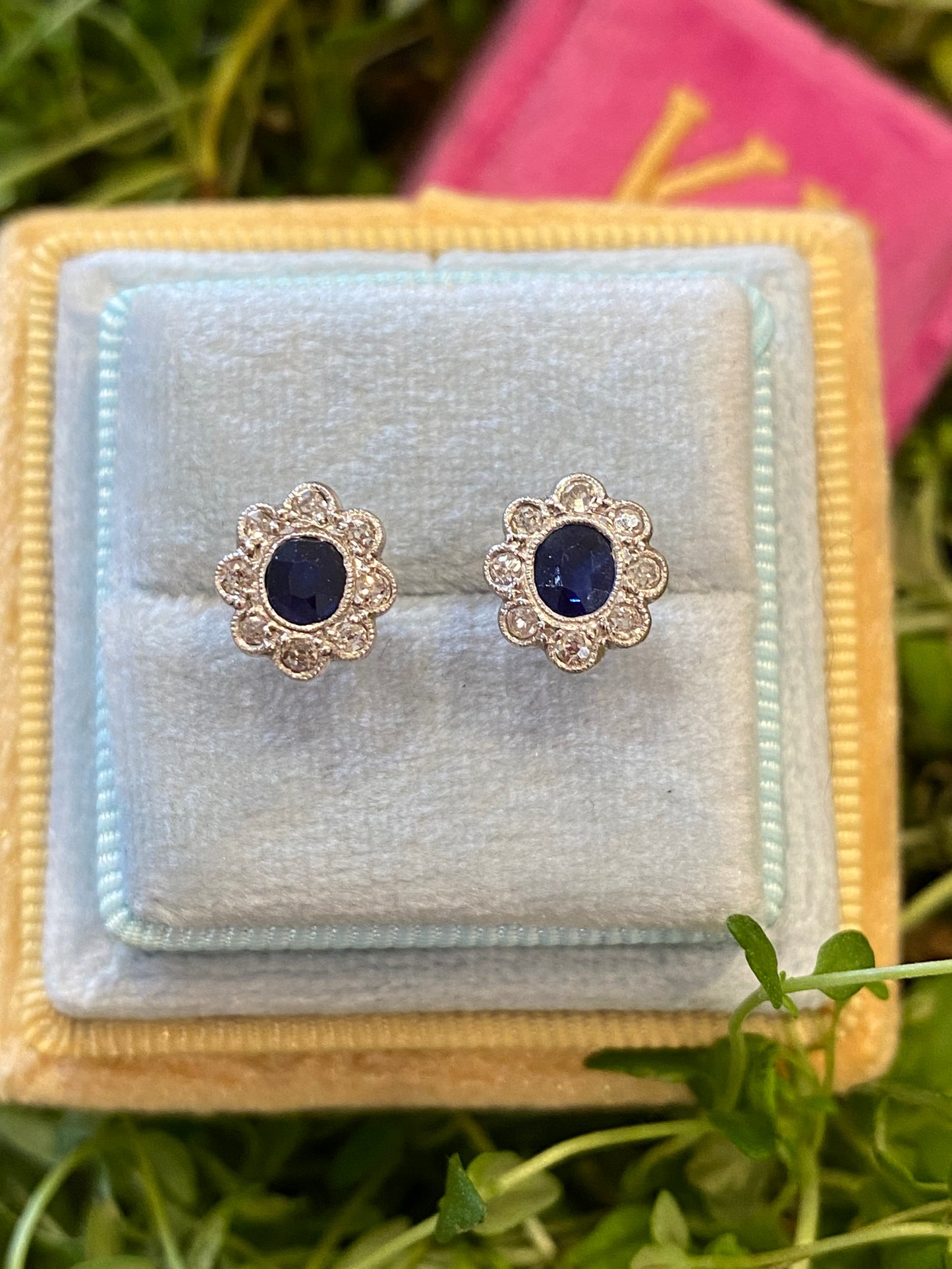 Antique Sapphire and Old Cut Diamond Halo Earrings in 18ct White Gold