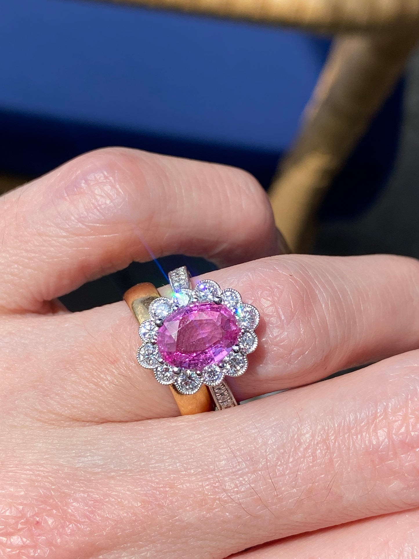 2.02 Carat Oval Cut Pink Sapphire and 0.90 CTW Natural Diamond Halo Ring in Platinum