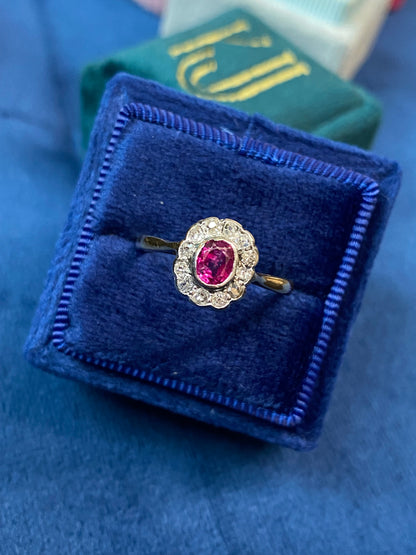 Antique Ruby and Diamond Halo Engagement Ring in 18ct Yellow Gold