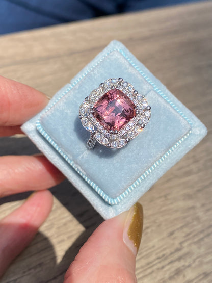 4.39 Carat Cushion Cut Pink Tourmaline and Natural Diamond Ring in Platinum