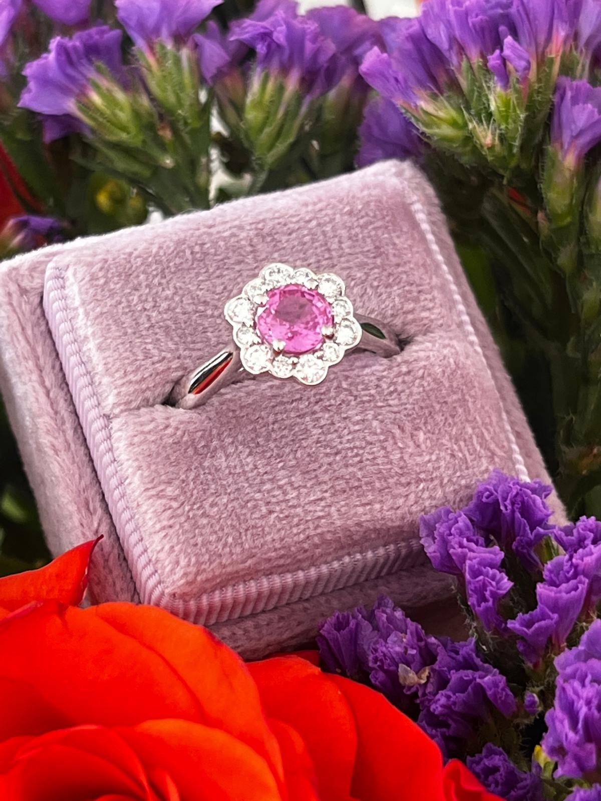 1.26 CTW Round Cut Pink Sapphire and Natural Diamond Halo Engagement Ring in Platinum