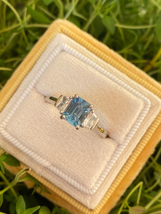 1.02 Carat Aquamarine and Natural Diamond Three-Stone Ring in Platinum