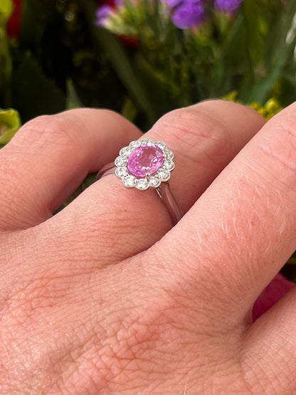 1.94 CTW Oval Cut Pink Sapphire and Natural Diamond Halo Engagement Ring in Platinum