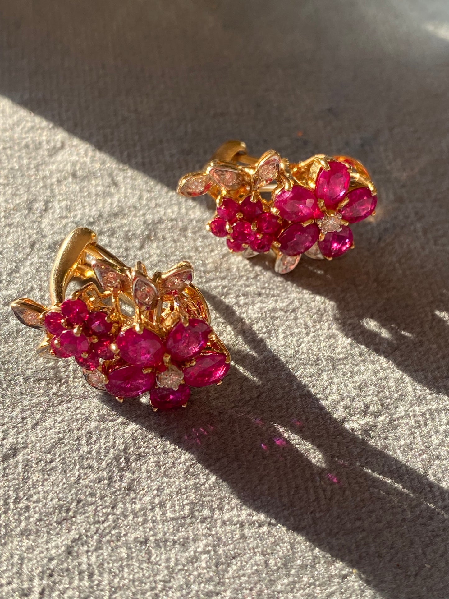 Vintage Burmese Ruby and Diamond Earrings in 18ct Yellow Gold