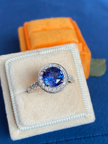 3.65 CTW Blue Ceylon Sapphire and Natural Diamond Double Halo Ring in Platinum