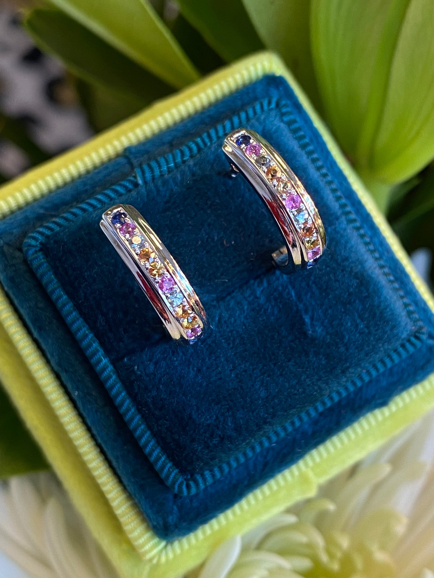 Rainbow Sapphire Hoop Earrings in 18ct White Gold