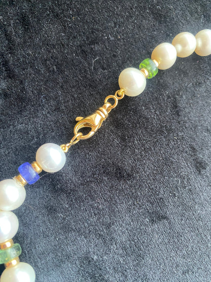 Cultured Pearl, Emerald, and Sapphire Necklace with 18ct Yellow Gold Clasp