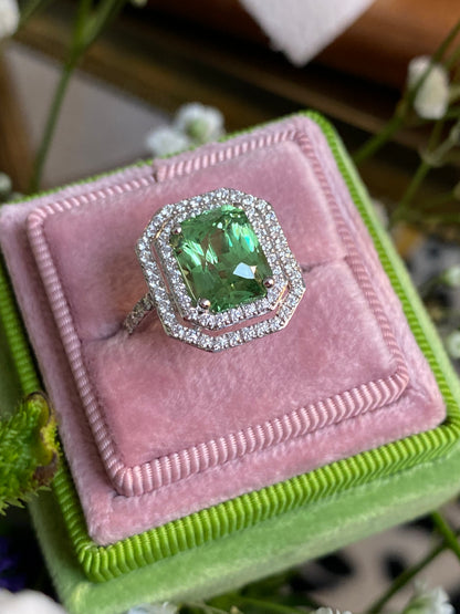 4.57ctw Tsavorite Garnet and Diamond Halo Engagement Ring in Platinum