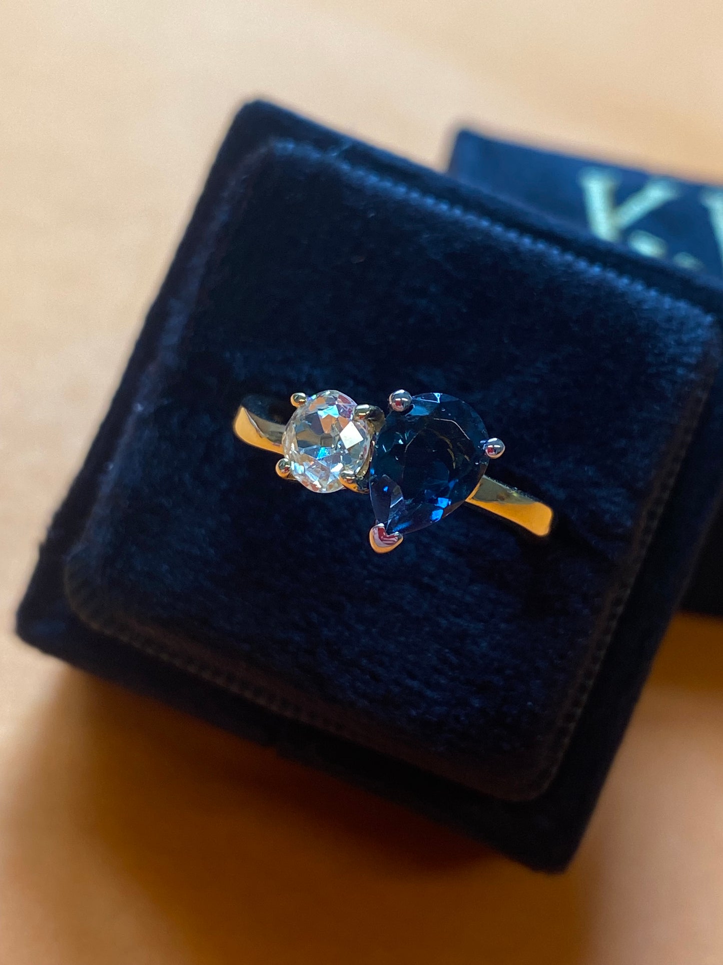 1.49 CTW Antique Diamond and Blue Sapphire Toi et Moi Ring in 18ct Gold