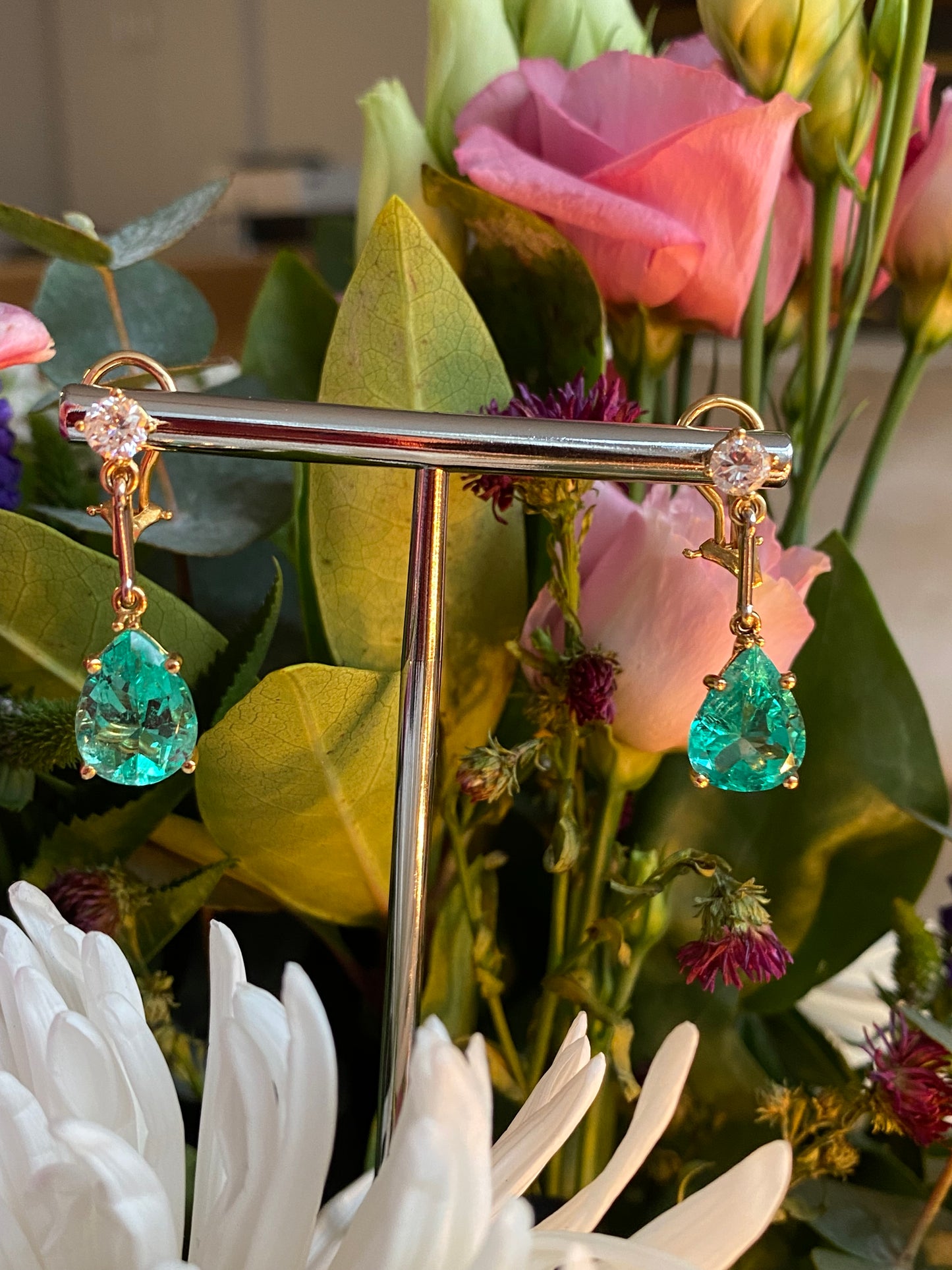 Spectacular 9.65ctw Pear Cut Colombian Emerald and Diamond Drop Earrings in 18ct Yellow Gold