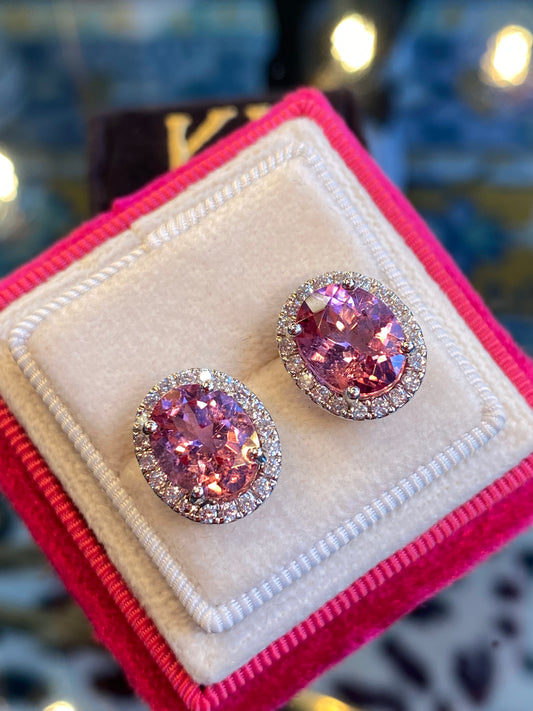 5.90 CTW Pink Tourmaline and Diamond Halo Stud Earrings in Platinum