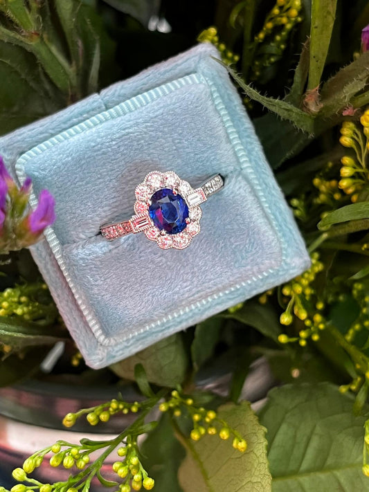 1.88 CTW Art Deco Style Blue Ceylon Sapphire and Natural Diamond Halo Ring in Platinum